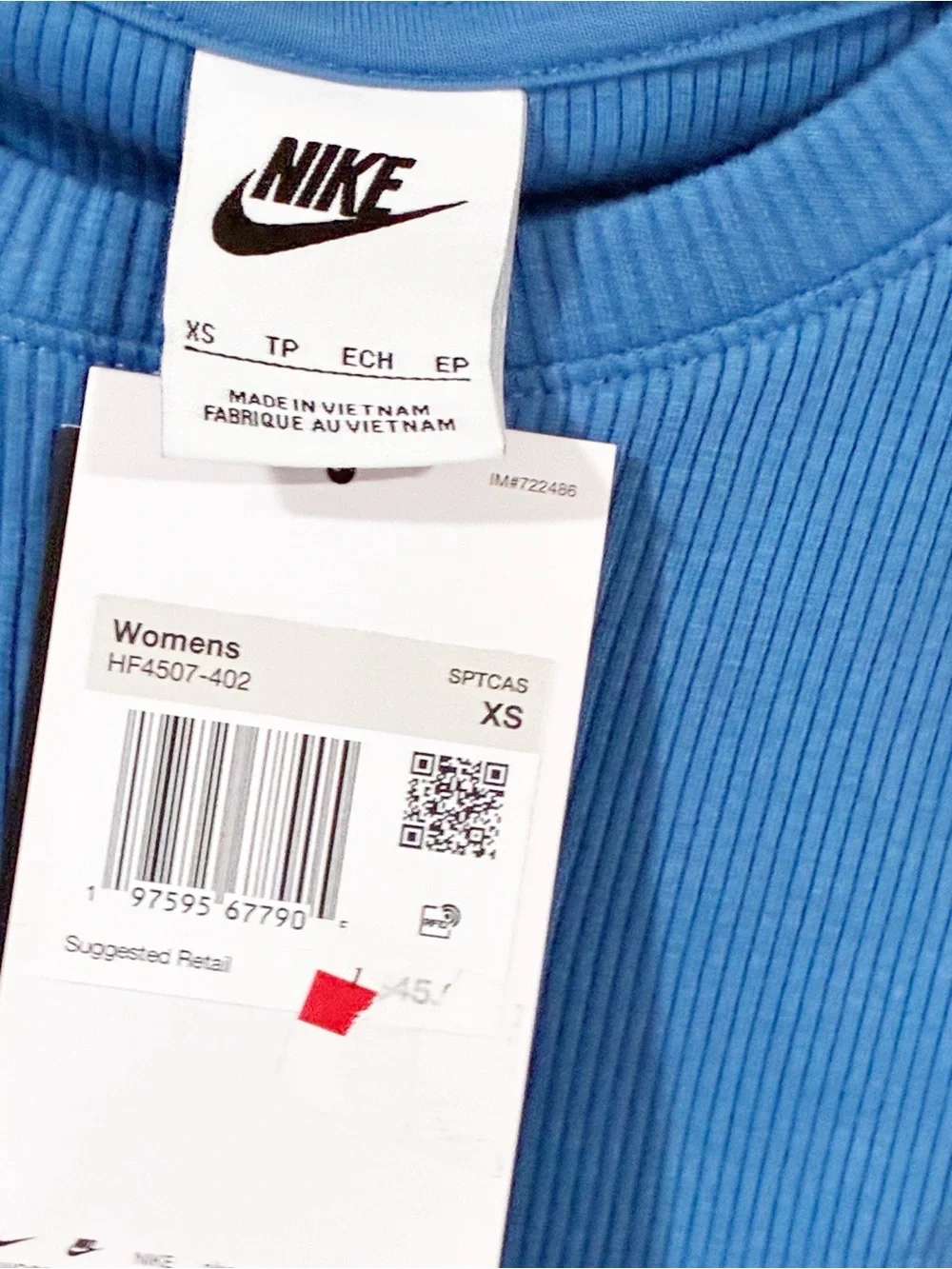 Nike Women's Sportswear Essential Cropped Ribbed Tank Blue Size XS NEW